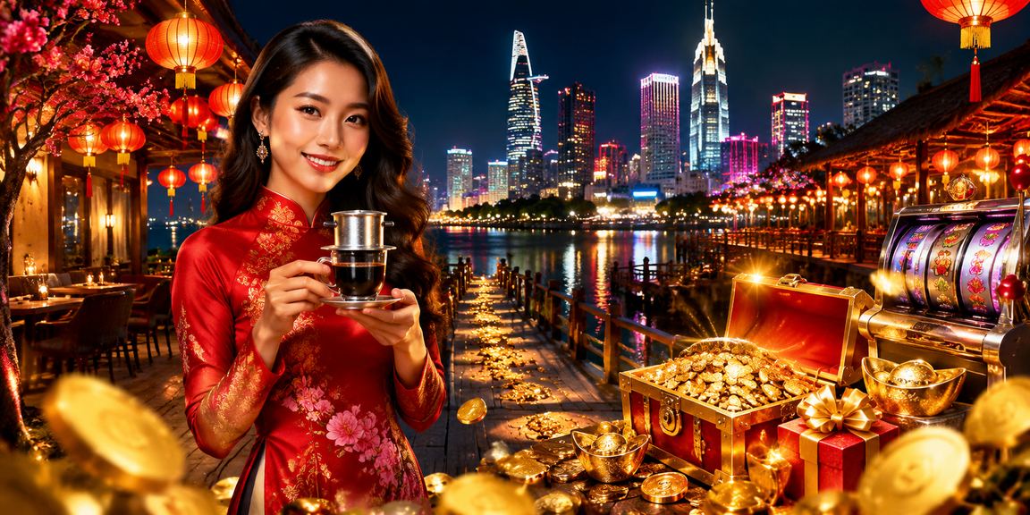 Cảnh thưởng thức cà phê và giải trí slot game tại thành phố Hồ Chí Minh